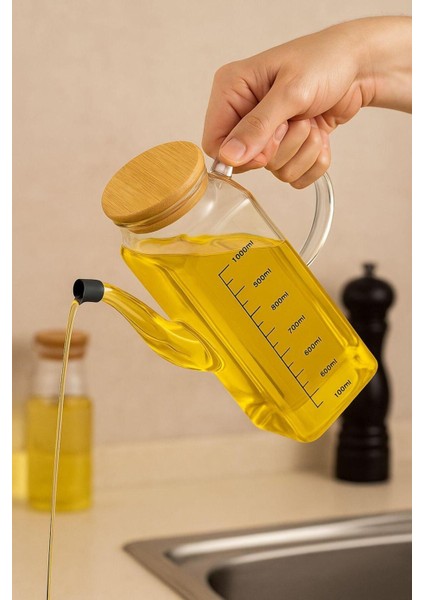 Bambu Kapaklı Şık Kare Borosilikat Cam Yağdanlık Sirkelik 1000 ml