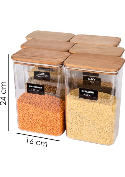6 Lı Ahşap Vakum Kapaklı Akrilik Erzak Saklama Kavanozu Saklama Kabı Seti 3 Litre Etiketli fiyatları