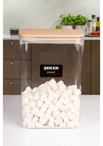 6 Lı Ahşap Vakum Kapaklı Akrilik Erzak Saklama Kavanozu Saklama Kabı Seti 3 Litre Etiketli