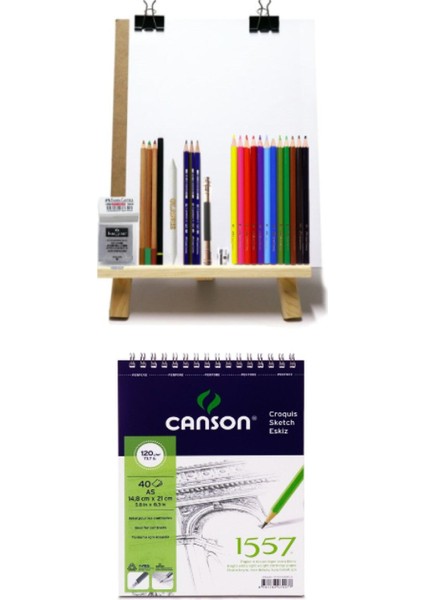 Karakalem Eskiz Çizim Seti Masaüstü Şövale Duralit Set Canson Eskiz Çizim Defteri A5 120 gr