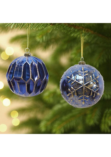 Retro Altın Işlemeli Lacivert Noel Topu 10 cm 2 Li