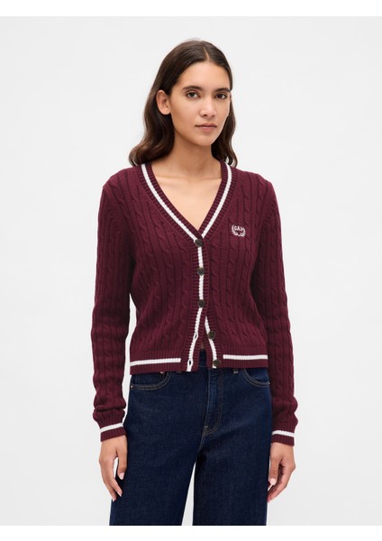 Kadın Bordo %100 Pamuk Cable Örgü Crop Gap Logo Hırka