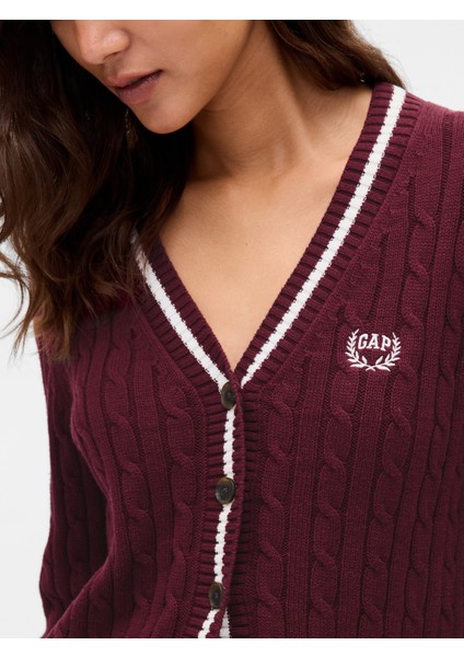 Kadın Bordo %100 Pamuk Cable Örgü Crop Gap Logo Hırka modelleri