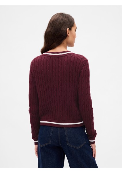 Kadın Bordo %100 Pamuk Cable Örgü Crop Gap Logo Hırka fırsatları