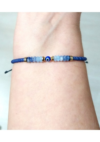 Sodalit Akuamarin Hematit Doğaltaşlı Nazar ve Miyuki Round Boncuklu Unisex Bileklik