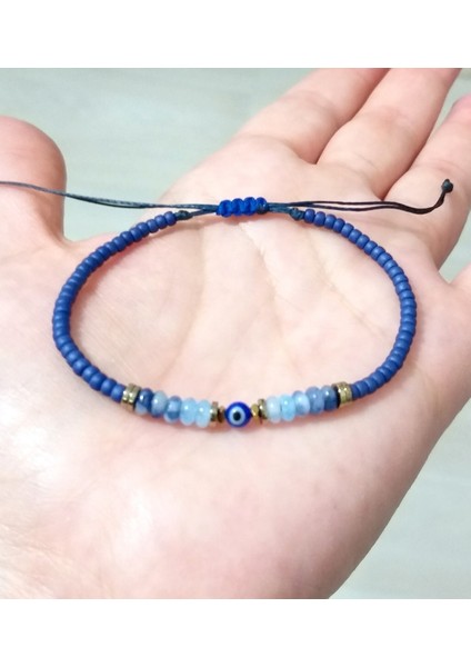 Sodalit Akuamarin Hematit Doğaltaşlı Nazar ve Miyuki Round Boncuklu Unisex Bileklik