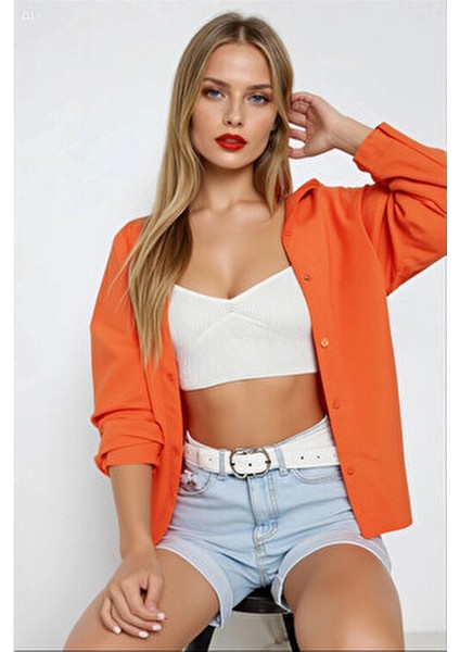 Kadın Oversize Gömlek Düz Renk Oranj Uzun Kol %70 Pamuk %30 Polyester