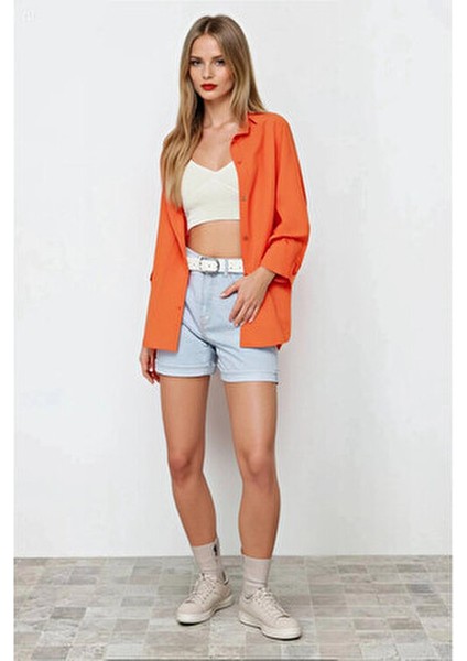 Kadın Oversize Gömlek Düz Renk Oranj Uzun Kol %70 Pamuk %30 Polyester