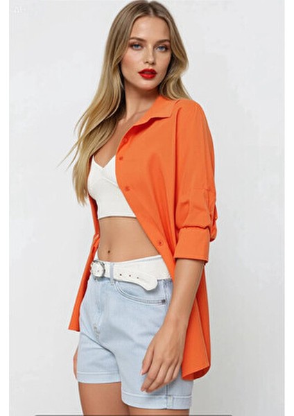 Kadın Oversize Gömlek Düz Renk Oranj Uzun Kol %70 Pamuk %30 Polyester