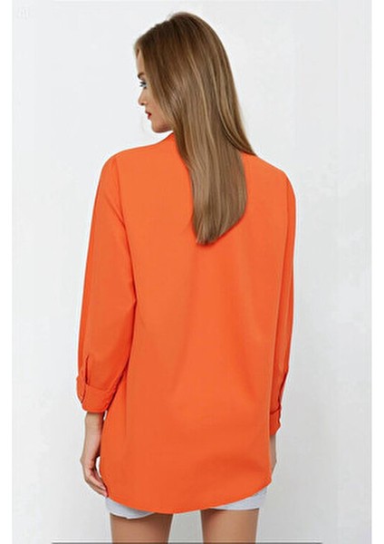 Kadın Oversize Gömlek Düz Renk Oranj Uzun Kol %70 Pamuk %30 Polyester
