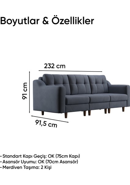 Robin Modüler Üçlü Koltuk - Kadife - Gri