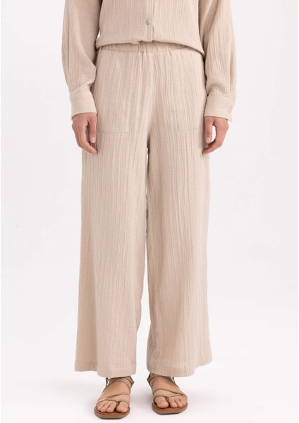 Wide Leg Geniş Bol Paça Beli Lastikli Basic Düz Muslin Pantolon