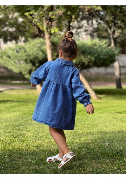 Kız Çocuk Gömlek Yaka Detay Önü Düğmeli Robalı Kot Elbise fiyatları