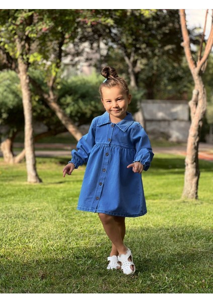 Kız Çocuk Gömlek Yaka Detay Önü Düğmeli Robalı Kot Elbise modelleri