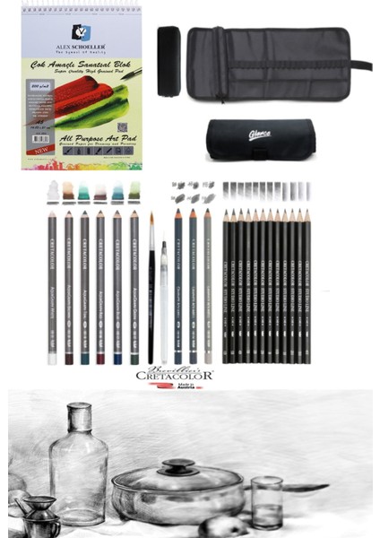 Alex Schoeller 200GR A5 Cretacolor6'lı Aquarell Sulandırılabilir Fırçalı Rulo Kalemlik Seti