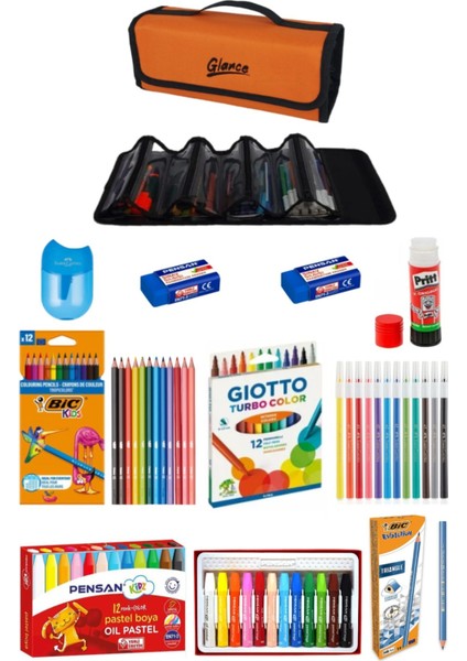 4 Bölümlü Kalem Çantası Bic Kuruboya Pensanpastel Giotto Keçeli Kurşun Kalem Stick Silgi Kalemtraş
