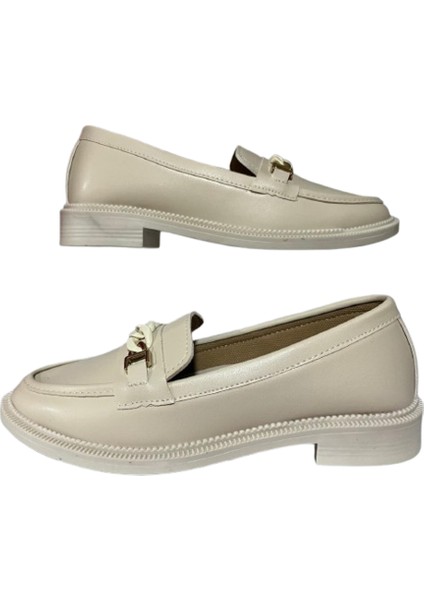 Shoes Kadın Bej Babet Loafer Makosen Cilt Günlük Ayakkabı