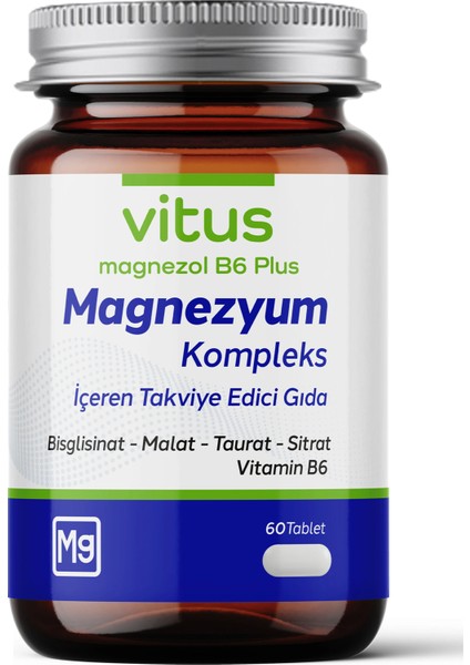 Vitus Magnezol B6 Plus Dörtlü Magnezyum Kompleks Bisglisinat, Malat, Taurat, Sitrat 60 Tablet