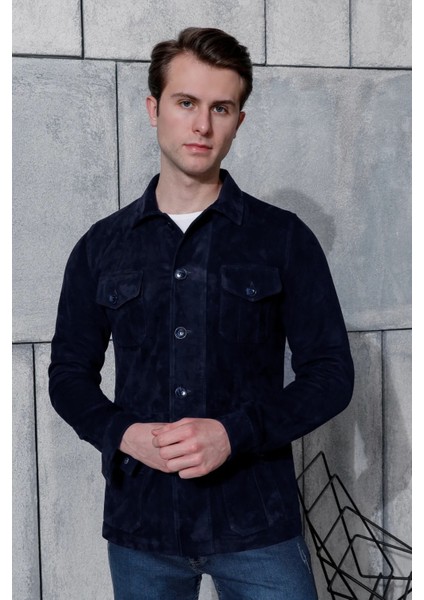 Erkek Safari Düğmeli Hakiki Deri Lacivert Süet Ceket