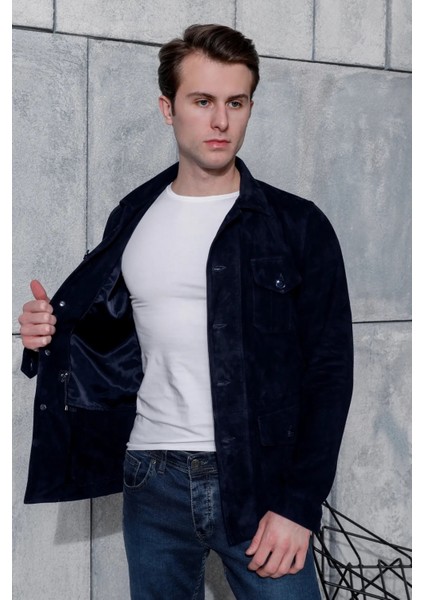 Erkek Safari Düğmeli Hakiki Deri Lacivert Süet Ceket modelleri