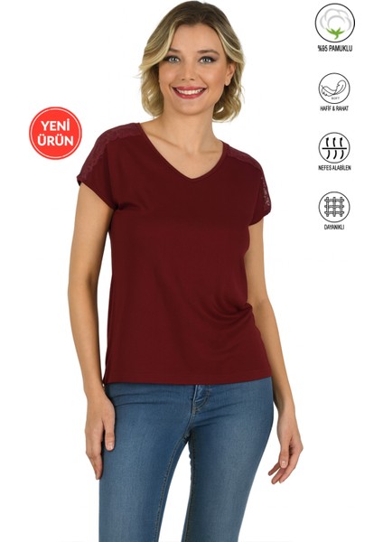 Özkan 25465 Kadın Bordo Vorteks Viskon Premium Kumaş Likralı Omzu Dantel Detaylı Örme Bluz