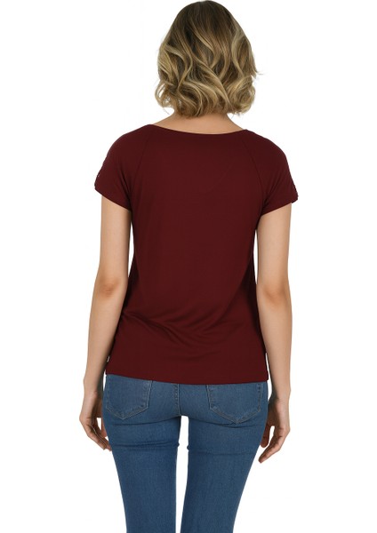 Özkan 25465 Kadın Bordo Vorteks Viskon Premium Kumaş Likralı Omzu Dantel Detaylı Örme Bluz fiyatları