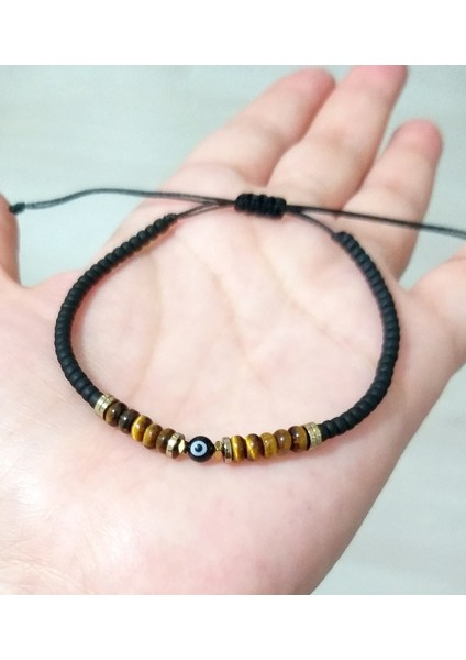 Kaplangözü ve Hematit Doğaltaşlı Siyah Nazar ve Miyuki Round Boncuklu Unisex Bileklik