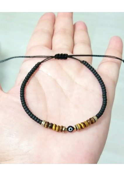 Kaplangözü ve Hematit Doğaltaşlı Siyah Nazar ve Miyuki Round Boncuklu Unisex Bileklik