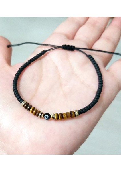 Kaplangözü ve Hematit Doğaltaşlı Siyah Nazar ve Miyuki Round Boncuklu Unisex Bileklik