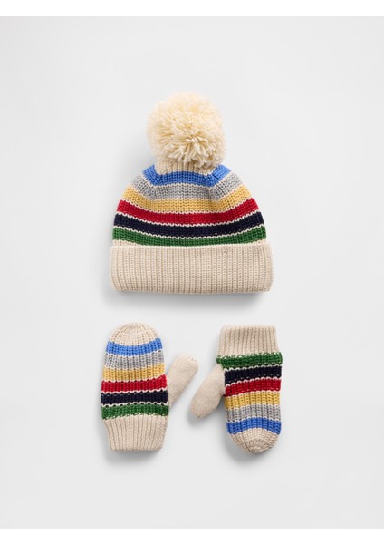Bebek Krem Ponpon Bere & Eldiven Seti