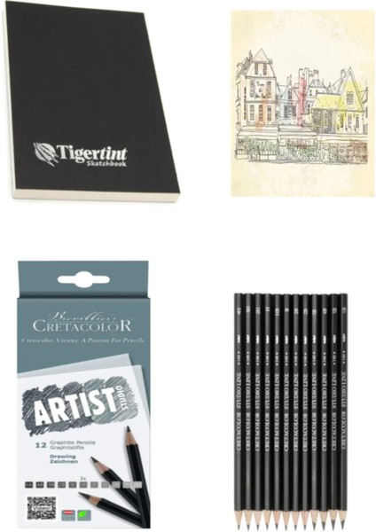 Tigertint Sketchbook Eskiz Defteri 100 gr A5 80 Yp Cretacolor Dereceli Kalem Eskiz Çizim Seti 12'li