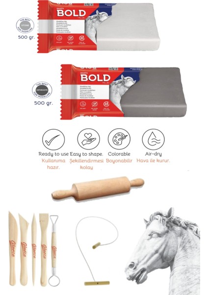 Smarta Bold Seramik Hamuru 500 Gr. Taş Gri Antrasit Ebeşuar Kesme Teli Set