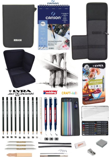 Eskiz Defteri Lyra Dereceli Craft 6lı Lyra Aquacolor Pastel Boya 12 Renk Bback 2 Katlı Eskiz Çantası