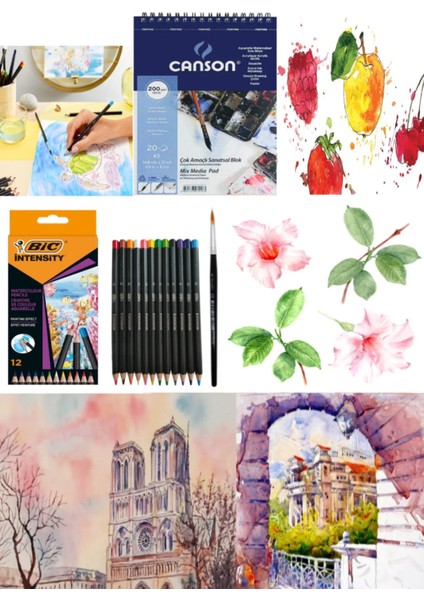 Bic Intensity Aquarelle Kuru-Suluboya Kalemi 12 Renk Canson Resim A5 200 gr Set
