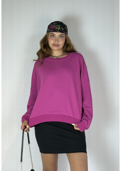 Kadın Bisiklet Yaka Üç Iplikli Uzun Kollu Oversize Basic Sweatshirt