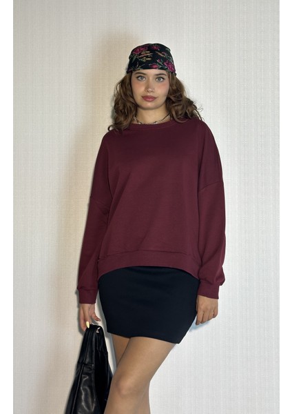 Kadın Bisiklet Yaka Üç Iplikli Uzun Kollu Oversize Basic Sweatshirt