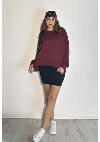 Kadın Bisiklet Yaka Üç Iplikli Uzun Kollu Oversize Basic Sweatshirt modelleri