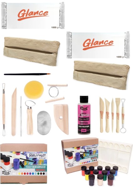 Doğal Seramik Hamuru 1000GRX2 gr Şişeli Palet 25ML 12'li Akrilik Seramik Başlangıç Seti