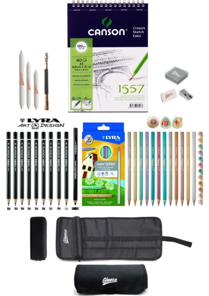 Canson A5 Eskiz Defteri 120 gr Karakalem ve Lyra 12'li Super Ferby Metalik Paket Çizim Eskiz Seti