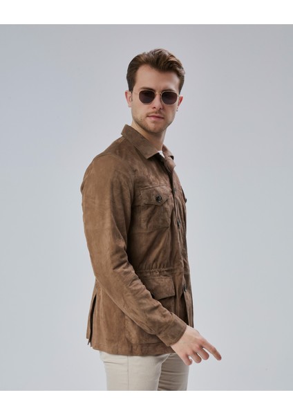 Erkek Safari Düğmeli Hakiki Deri Sütlü Kahve Süet Ceket modelleri