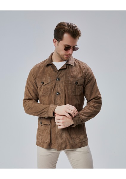Erkek Safari Düğmeli Hakiki Deri Sütlü Kahve Süet Ceket fırsatları