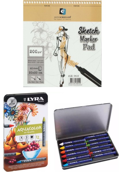 Alex Sketch Marker Pad Eskiz Defteri 200GR 20X20CM 40YP Spiralli Lyra Aquacolor Pastel Boya 12 Renk