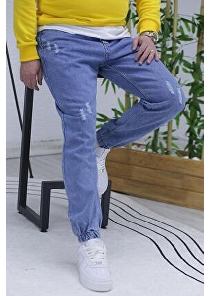 Erkek Lastikli Boyfriend Kot Pantolon 100% Pamuk Mavi Renk Rahat Kesim
