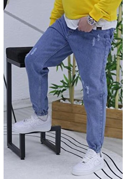 Erkek Lastikli Boyfriend Kot Pantolon 100% Pamuk Mavi Renk Rahat Kesim