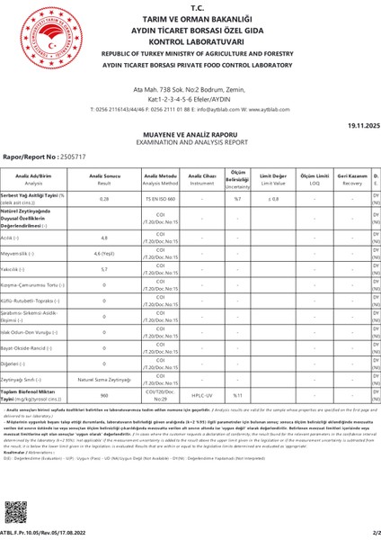 Yeni Hasat, Çok Yüksek Polifenollü-960 Polifenol-Naturel Sızma Zeytinyağı-Memecik-Analizli modelleri