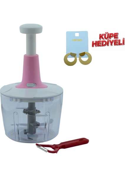 5 Bıçaklı Jumbo El Rondosu Doğrayıcı 2,5 Lt ve Sebze Meyve Soyacağı Küpe Hediyeli