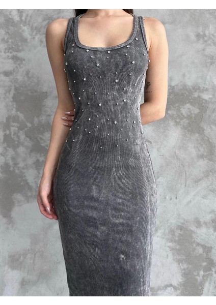 Techmrt Taşlı Askılı Elbise Antrasit (Beden: Standart)