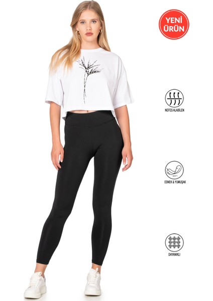 Özkan 27682 Kadın Interlok Kumaş Likralı Yüksek Bel Esnek Rahat Düz Uzun Tayt