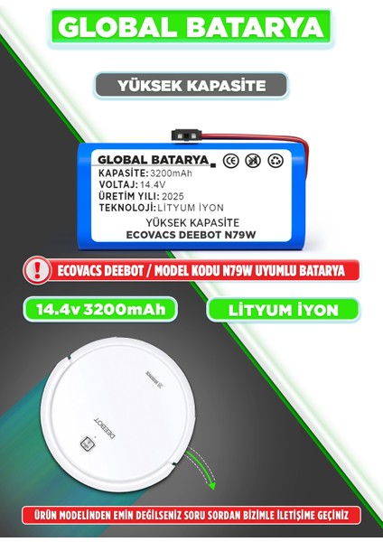 Ecovacs Deebot N79W Akıllı Robot Süpürge Batarya 14.4v 3200mAh Li-ion Pil (Yüksek Kapasite)