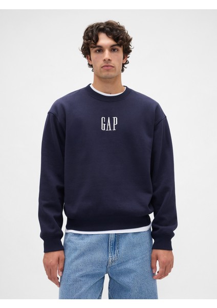 Erkek Lacivert Heavyweight Oversized Gap Logo Bisiklet Yaka Sweatshirt
